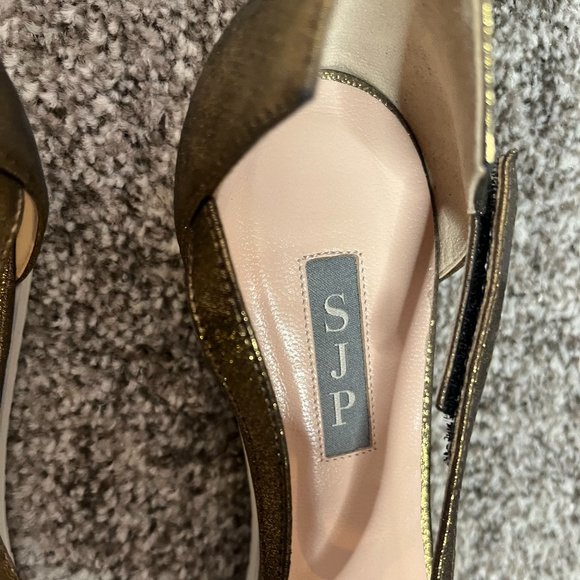 SJP Sarah Jessica Parker Gold Metallic Leather Print T Strap Sandal Flats Sz 12 - Picture 7 of 10